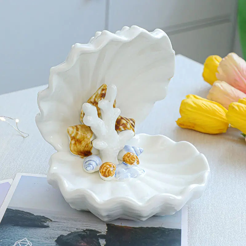 Creative Ceramic Shell Jewelry Box, Desktop Accessory Key Storage, Entrance Conch Tray Decoration