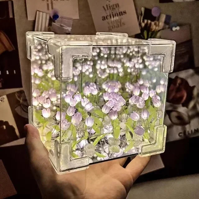 DIY Tulip Mirror Cube Lamp Simulation Flower Bedroom Sleeping Table Lamp Handmade Craft Tulips Mirror Night Light Birthday Gift