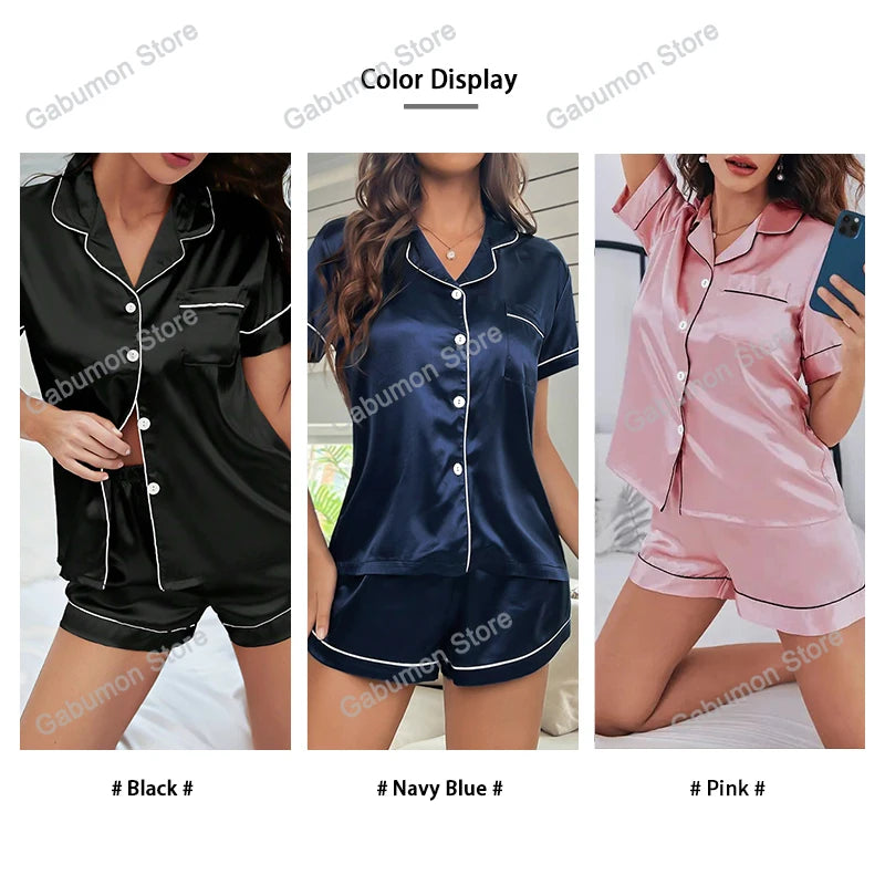 Summer Silk Satin Women Pajamas Set Button Down Top & Shorts 2 Pieces Sleepwear Notched Collar Nightwear Loungewear for Women