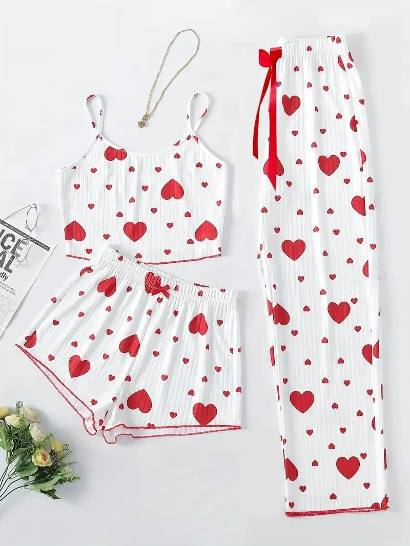 Women Sleepwear Autumn Winter Pajamas Sets Heart Print Sleeveless Cami Vest with Long Pants Trouser Set Sexy Lingerie Pyjamas