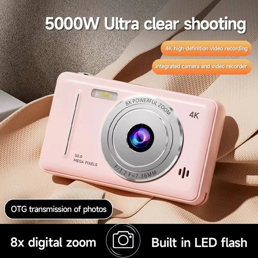 4K Digital Camera 50MP HD Retro Pocket Cameras Photography Travel Selfie Entry-Level Small Camera with 8x Zoom Compact Camcorder