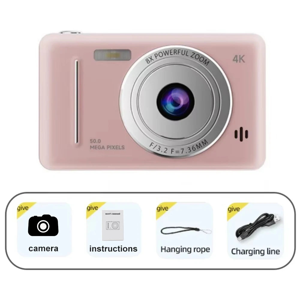 4K Digital Camera 50MP HD Retro Pocket Cameras Photography Travel Selfie Entry-Level Small Camera with 8x Zoom Compact Camcorder