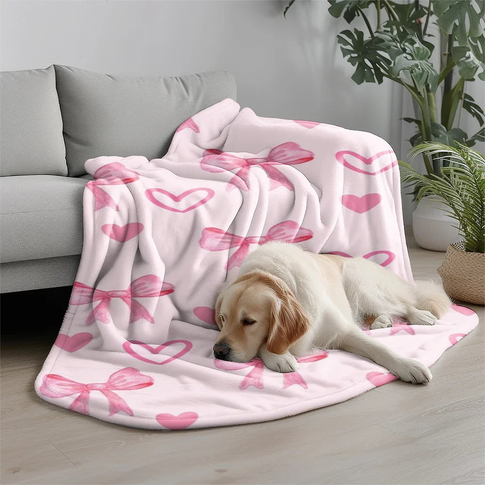 Pink Heart & Bow Microfiber Flannel Cover Blanket Bedroom Living Room Sofa Soft And Comfortable Home Decoration