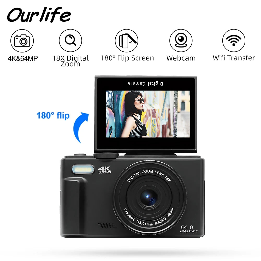Compact Digital Photography Camera 4K 18X Digital Zoom Vintage Vlog Video Recorder YouTube 180° Flip Screen Selfile WiFi Web Cam