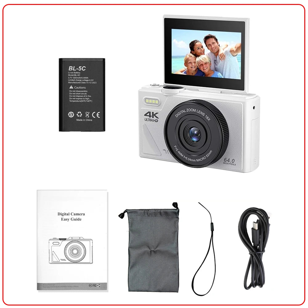 Compact Digital Photography Camera 4K 18X Digital Zoom Vintage Vlog Video Recorder YouTube 180° Flip Screen Selfile WiFi Web Cam