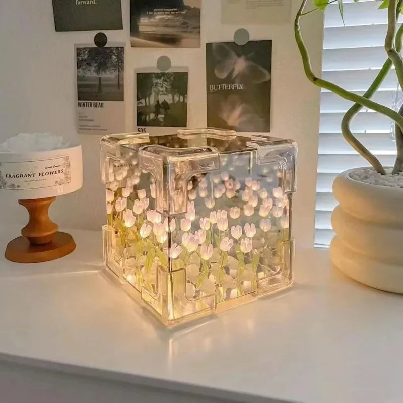 DIY Tulip Mirror Cube Lamp Simulation Flower Bedroom Sleeping Table Lamp Handmade Craft Tulips Mirror Night Light Birthday Gift