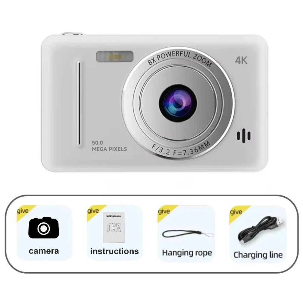 4K Digital Camera 50MP HD Retro Pocket Cameras Photography Travel Selfie Entry-Level Small Camera with 8x Zoom Compact Camcorder