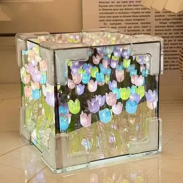 DIY Tulip Mirror Cube Lamp Simulation Flower Bedroom Sleeping Table Lamp Handmade Craft Tulips Mirror Night Light Birthday Gift