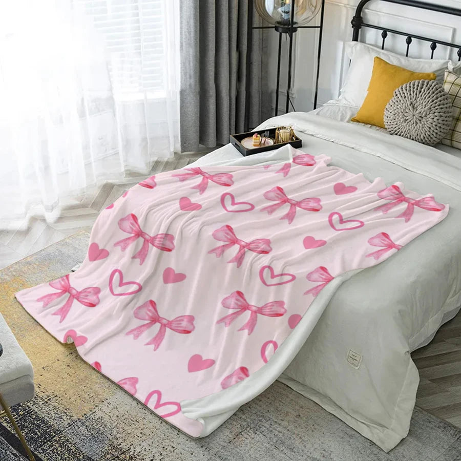 Pink Heart & Bow Microfiber Flannel Cover Blanket Bedroom Living Room Sofa Soft And Comfortable Home Decoration