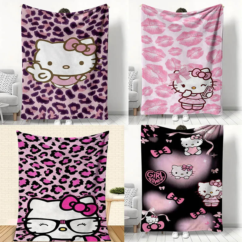 MINISO Hello Kitty Leopard Print Flannel Printed Blanket for Sofa Throw Blankets Reversible Children Blanket All-Season Decor