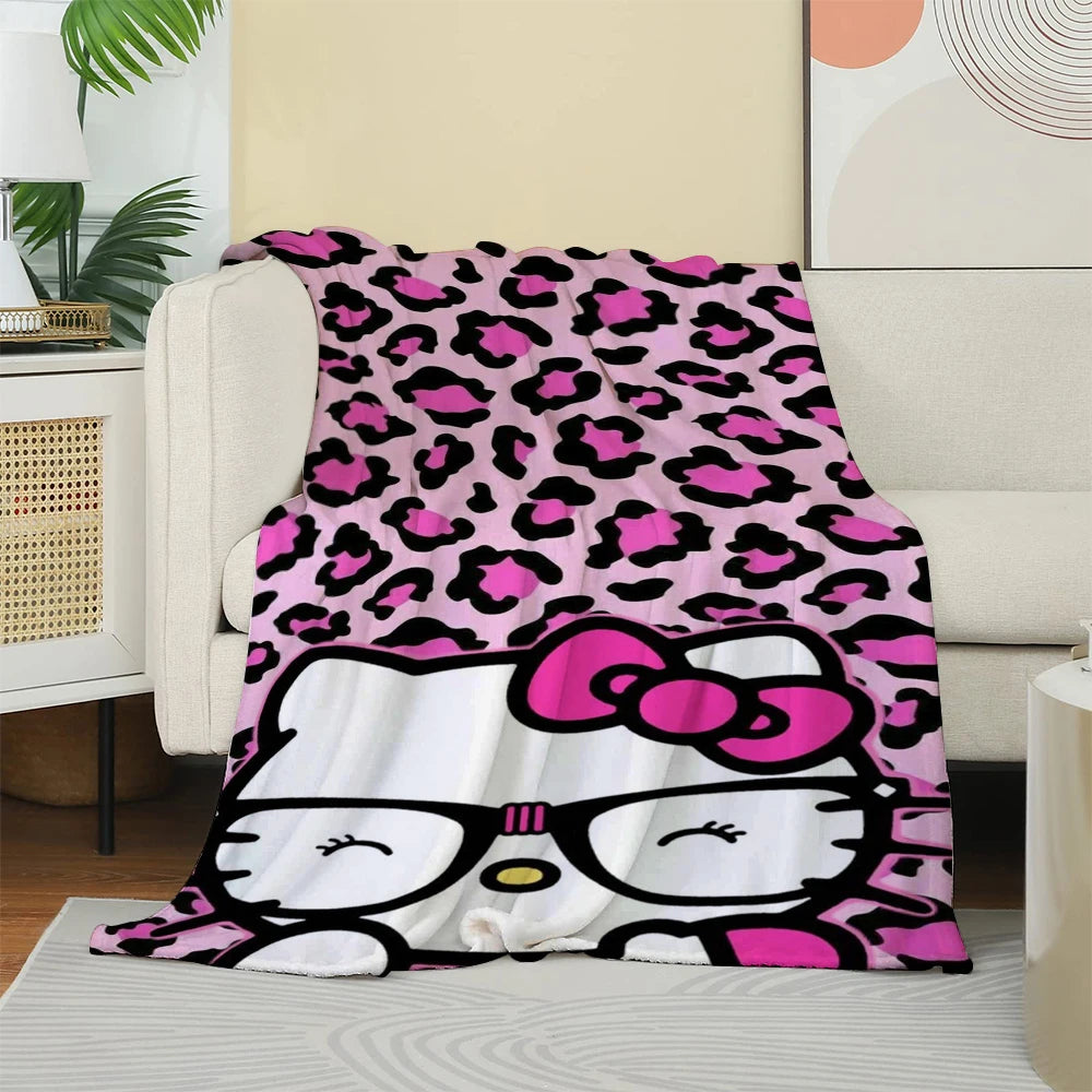 MINISO Hello Kitty Leopard Print Flannel Printed Blanket for Sofa Throw Blankets Reversible Children Blanket All-Season Decor