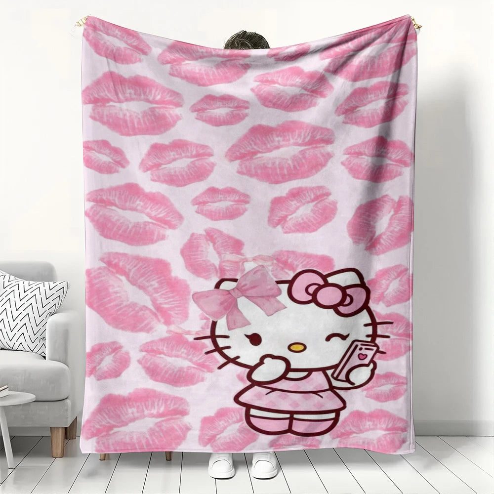 MINISO Hello Kitty Leopard Print Flannel Printed Blanket for Sofa Throw Blankets Reversible Children Blanket All-Season Decor