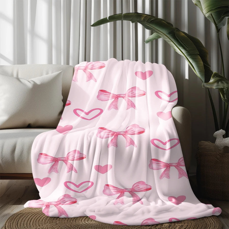 Pink Heart & Bow Microfiber Flannel Cover Blanket Bedroom Living Room Sofa Soft And Comfortable Home Decoration