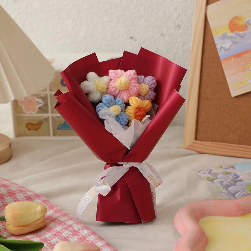 New  Handmade Flower Bouquets Mini Crochet Flowers Colorful Artificial Flowers Teacher's Day Gift Floweres