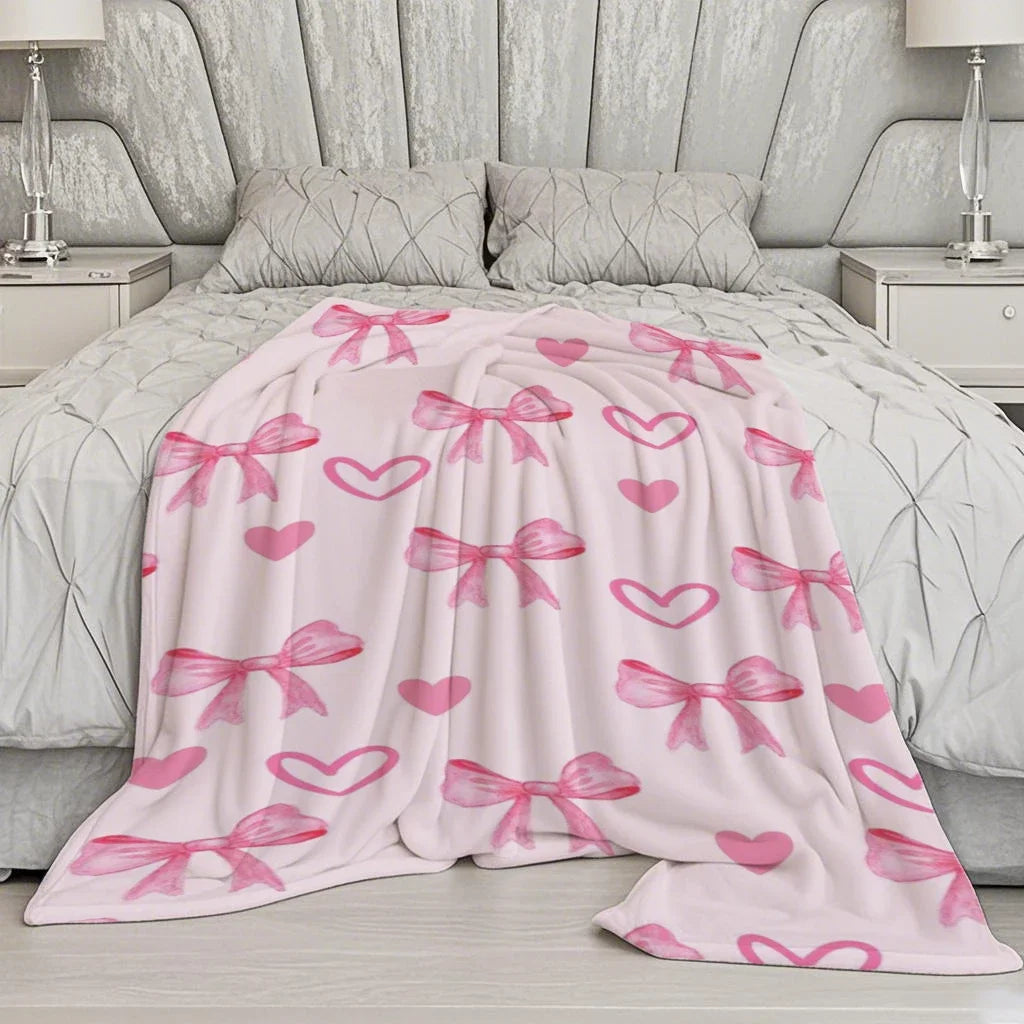 Pink Heart & Bow Microfiber Flannel Cover Blanket Bedroom Living Room Sofa Soft And Comfortable Home Decoration