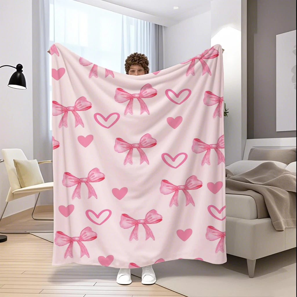 Pink Heart & Bow Microfiber Flannel Cover Blanket Bedroom Living Room Sofa Soft And Comfortable Home Decoration