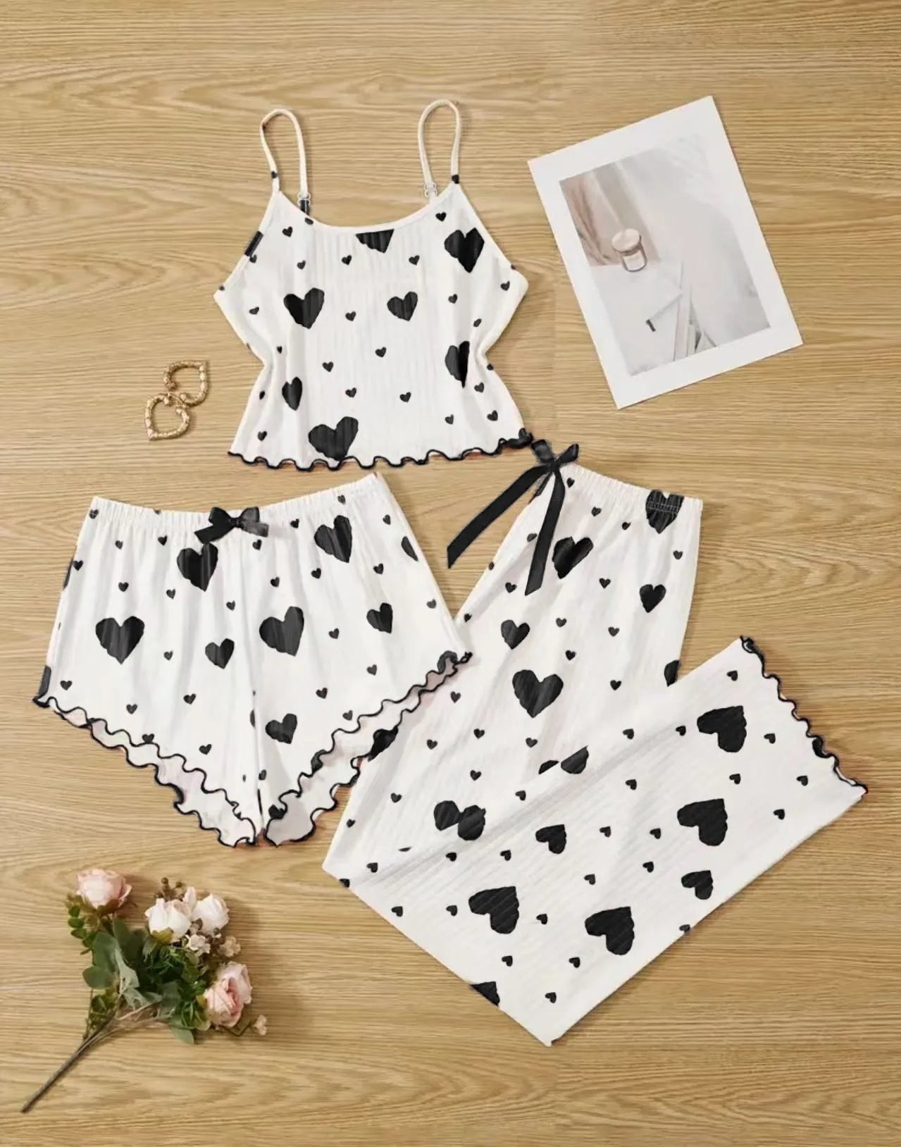 Women Sleepwear Autumn Winter Pajamas Sets Heart Print Sleeveless Cami Vest with Long Pants Trouser Set Sexy Lingerie Pyjamas