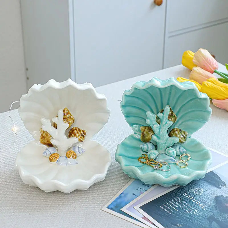 Creative Ceramic Shell Jewelry Box, Desktop Accessory Key Storage, Entrance Conch Tray Decoration