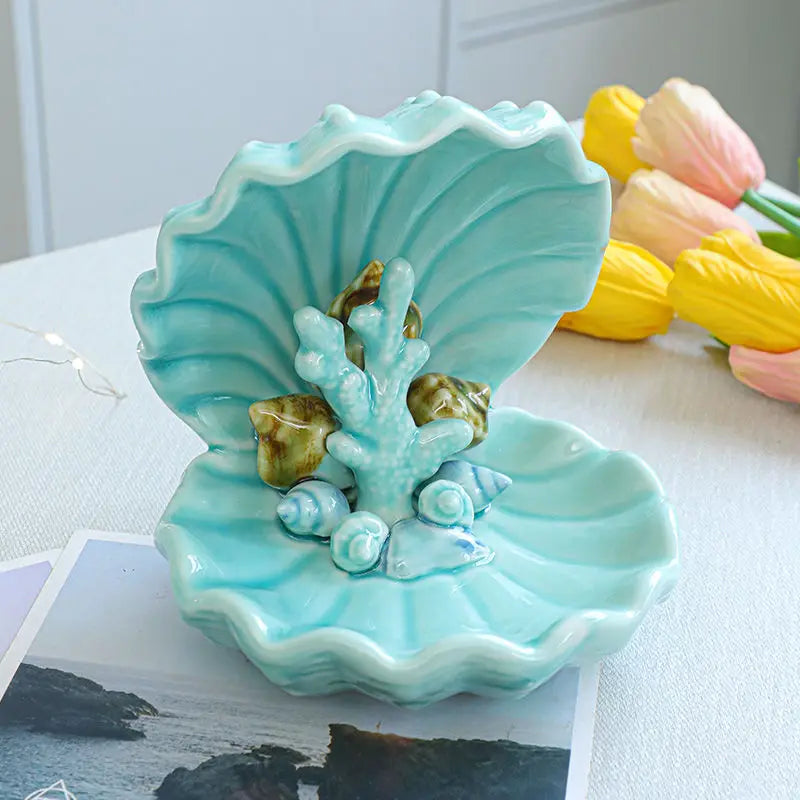 Creative Ceramic Shell Jewelry Box, Desktop Accessory Key Storage, Entrance Conch Tray Decoration