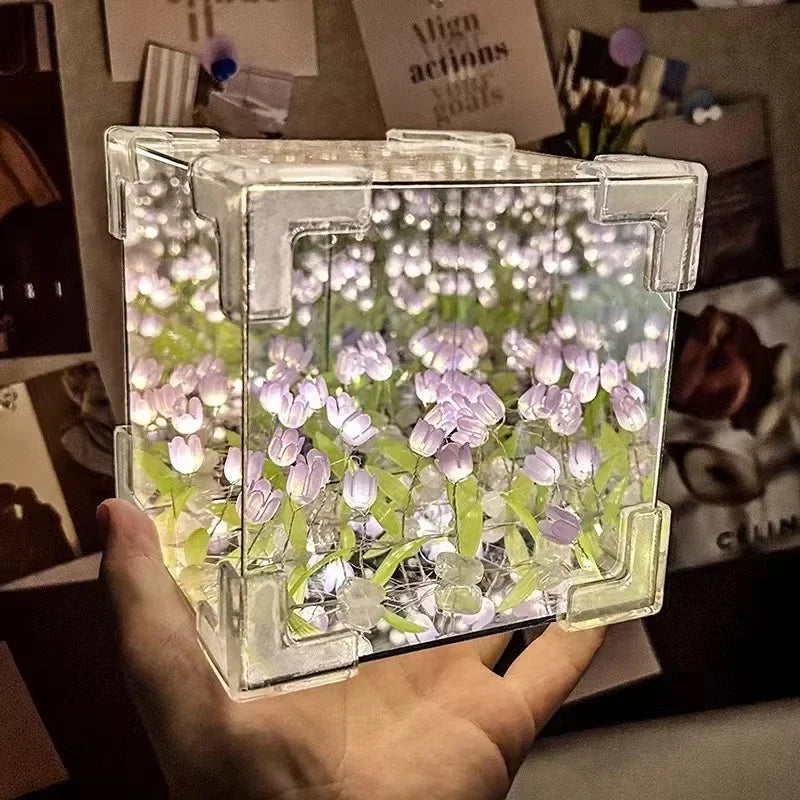 DIY Tulip Mirror Cube Lamp Simulation Flower Bedroom Sleeping Table Lamp Handmade Craft Tulips Mirror Night Light Birthday Gift