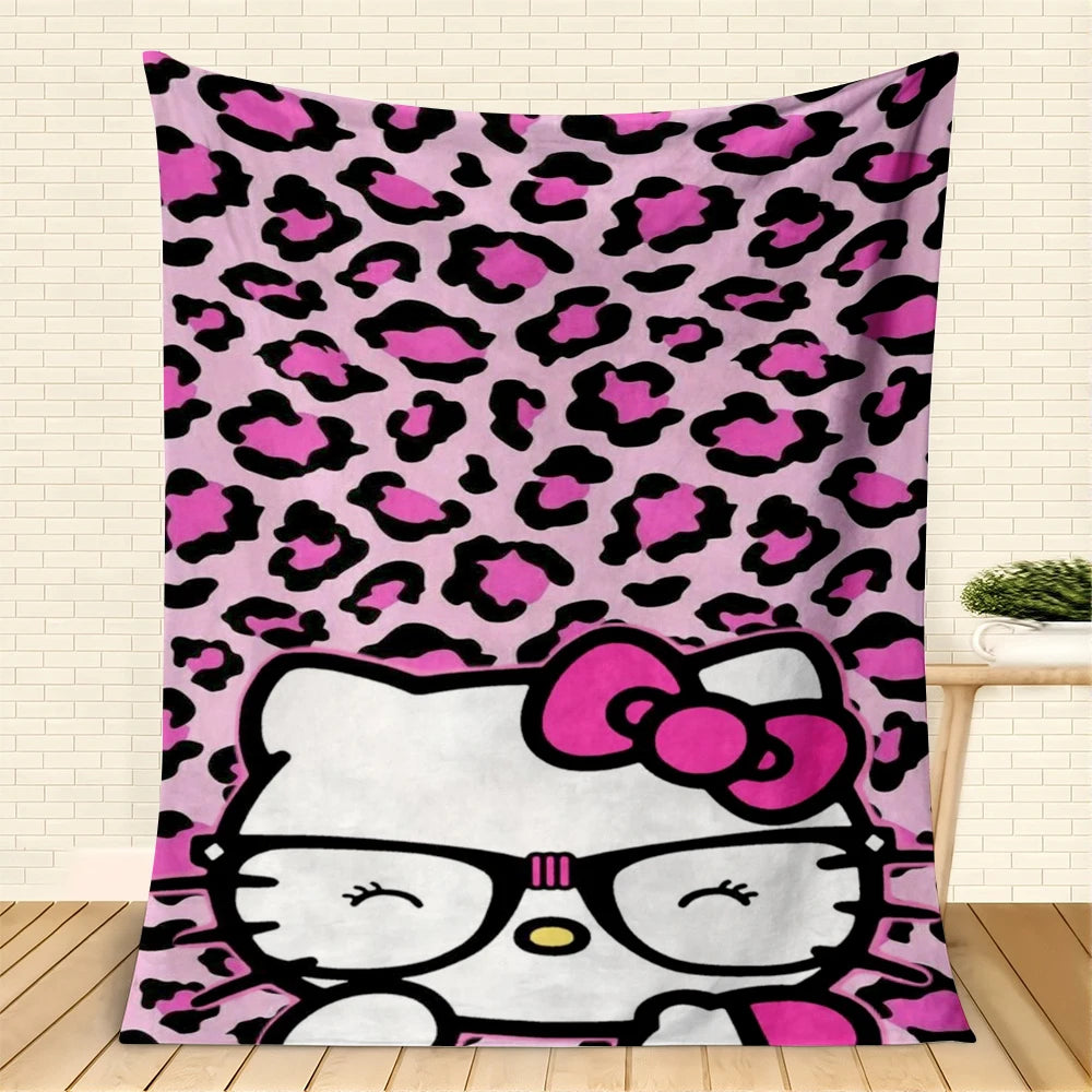 MINISO Hello Kitty Leopard Print Flannel Printed Blanket for Sofa Throw Blankets Reversible Children Blanket All-Season Decor
