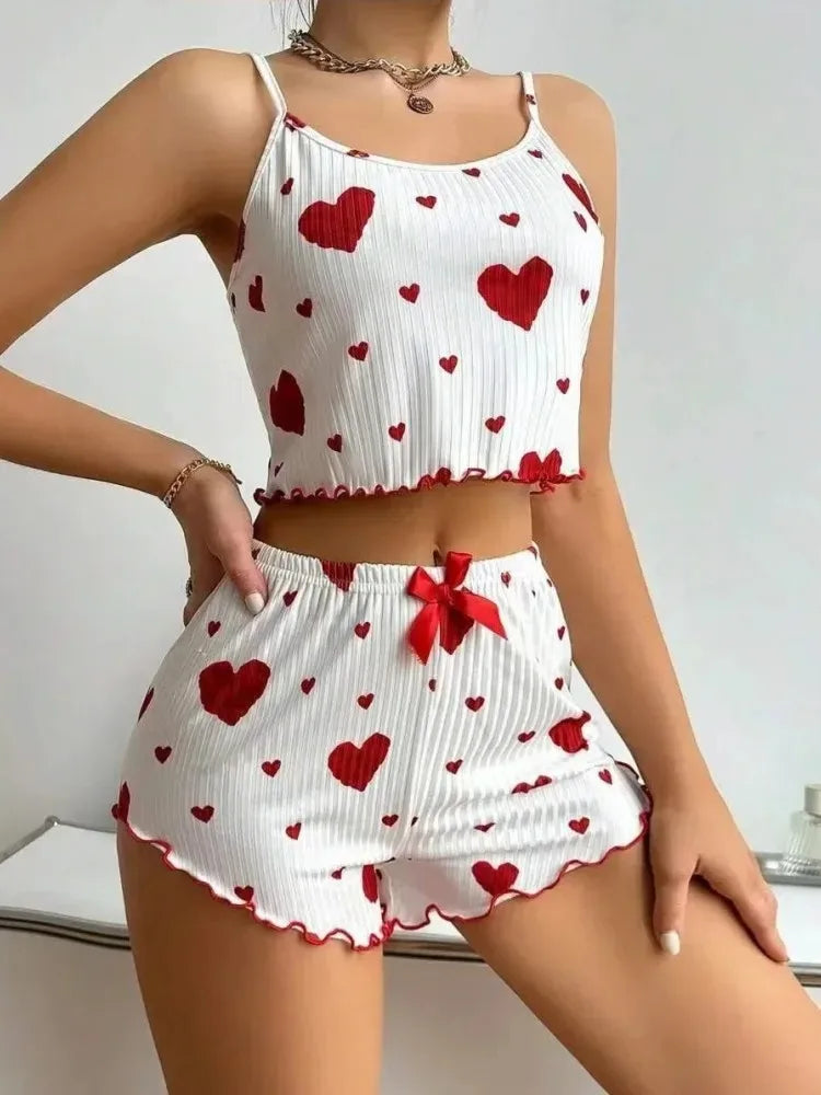 Women Sleepwear Autumn Winter Pajamas Sets Heart Print Sleeveless Cami Vest with Long Pants Trouser Set Sexy Lingerie Pyjamas