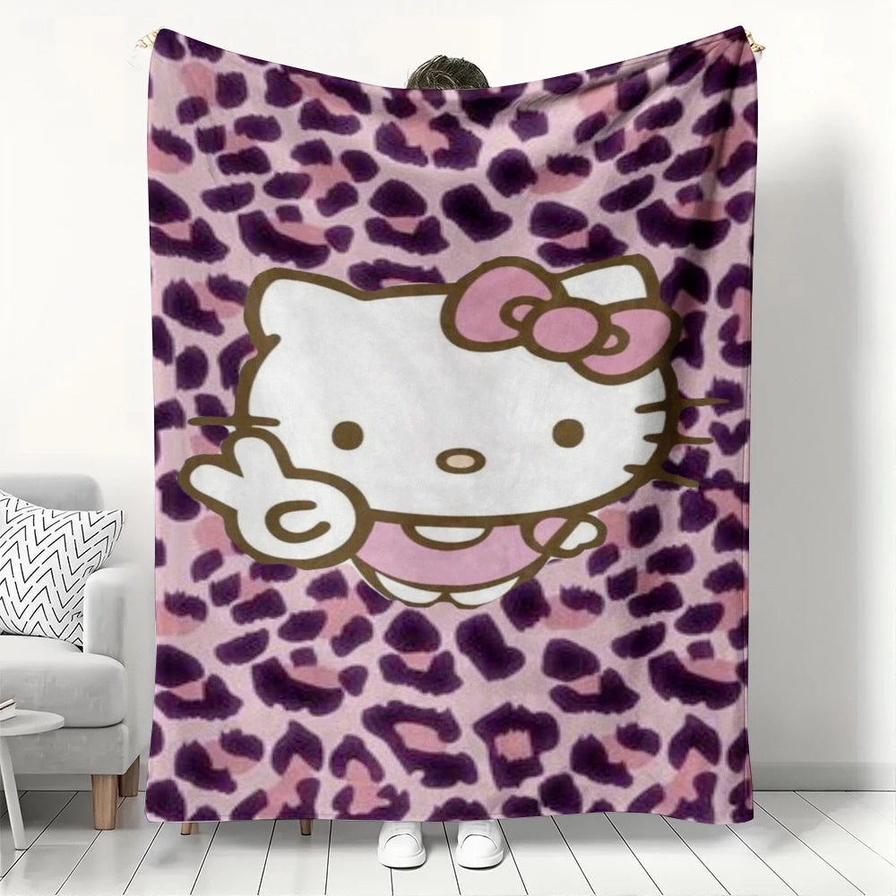 MINISO Hello Kitty Leopard Print Flannel Printed Blanket for Sofa Throw Blankets Reversible Children Blanket All-Season Decor